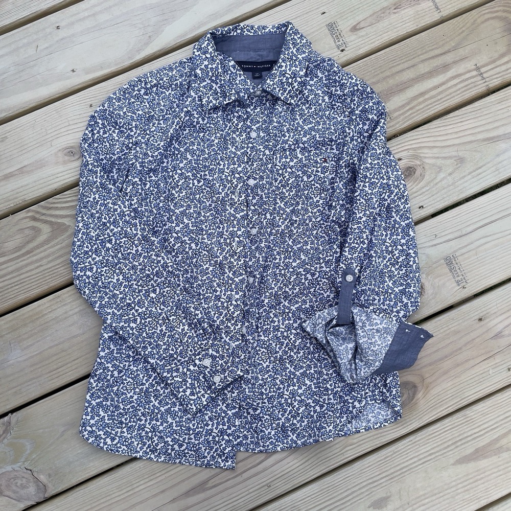 Tommy Hilfiger Blue White Floral Ditsy Cotton Button Down Shirt Coastal Grandma